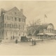 Illustration of large brick house and market next to it with pedestrians and cart out front