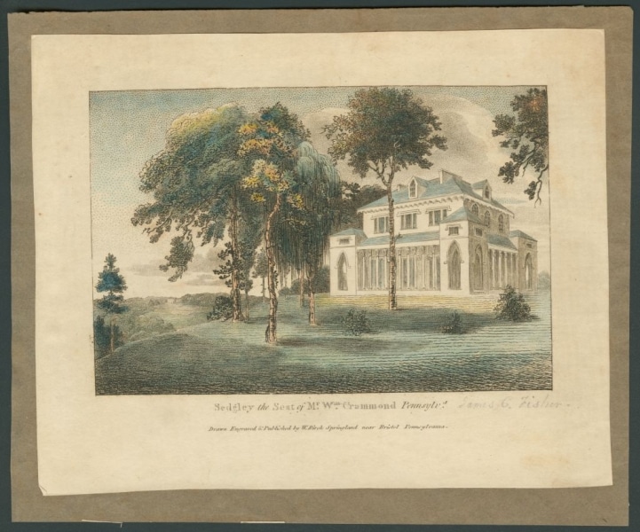 Hand-colored engraving of the exterior of Sedgley with trees and lawn