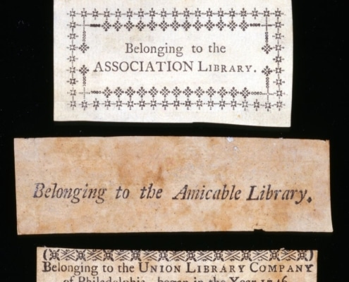 Photograph of bookpates from Association Library, Amicable Library, and Union Library Company
