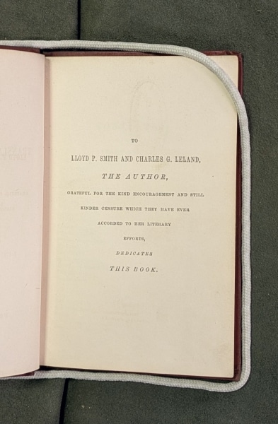 Photograph of the dedication to Lucy Hooper's 1864 volume of poetry