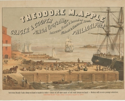 Chromolithograph advertisement showing busy port scene with ships at dock, barrels, and assorted men moving about