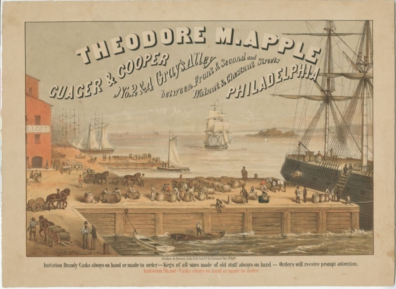Chromolithograph advertisement showing busy port scene with ships at dock, barrels, and assorted men moving about