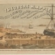 Chromolithograph advertisement showing busy port scene with ships at dock, barrels, and assorted men moving about