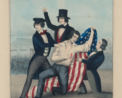 John L. Magee, Death of George Shifler in Kensington. Born Jan 24 1825. Murdered May 6 1844 (Philadelphia: William Smith, after 1850). Hand-colored lithograph.