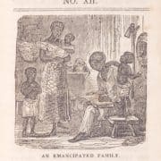 19th-century cover illustration of barefoot Black family including two children, man reading book, and woman holding infant.