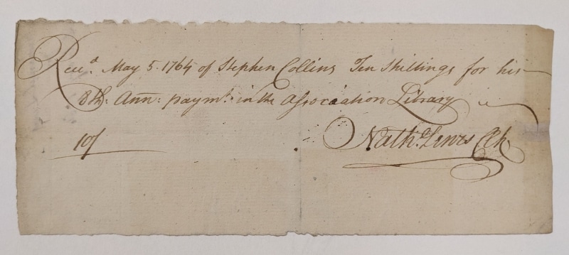 Photograph of 1764 receipt from Association Library