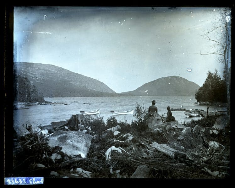 Sargent Mt. & another Mountain from end of Eagle Lake. Hannah Rhoads & Anna Tatnall in foregr[oun]d. [Mount Desert Island, ME] [graphic].
