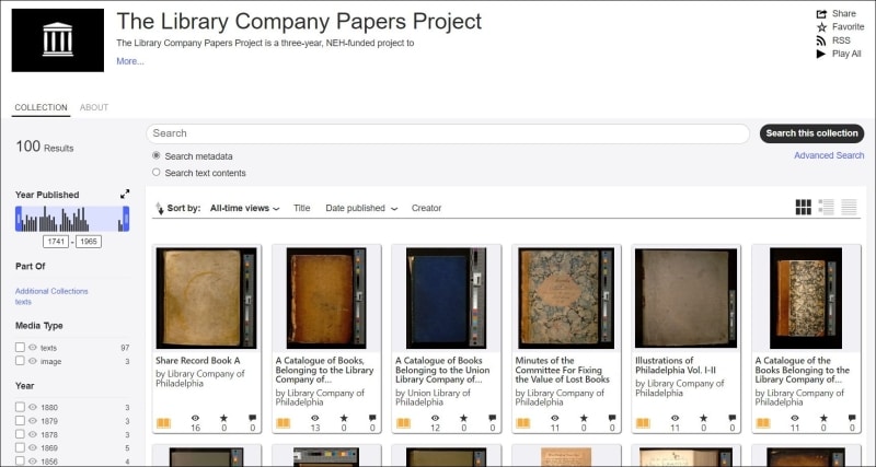 Image of the Internet Archive landing page for the Library Company Papers Project, with thumbnail images of items available for download