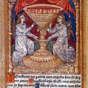 White, robed angels surround a human-sized goblet above several lines of Gothic-style text.