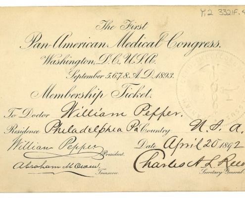 Photograph of William Pepper membership ticket to the First Pan-American Medical Congress