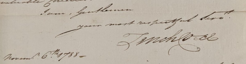 Photograph of Tench Coxe signature on 1788 letter to the Library Company