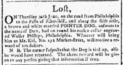 Photograph of 1796 lost dog ad in Gazette of the United States & Philadelphia Daily Advertiser
