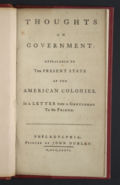 Photograph of title page of Thoughts on Government book, showing it was printed by John Dunlap