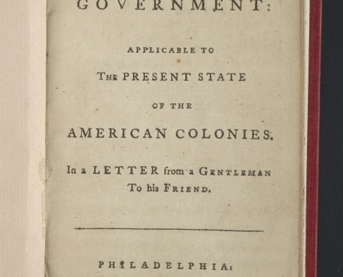 Photograph of title page of Thoughts on Government book, showing it was printed by John Dunlap