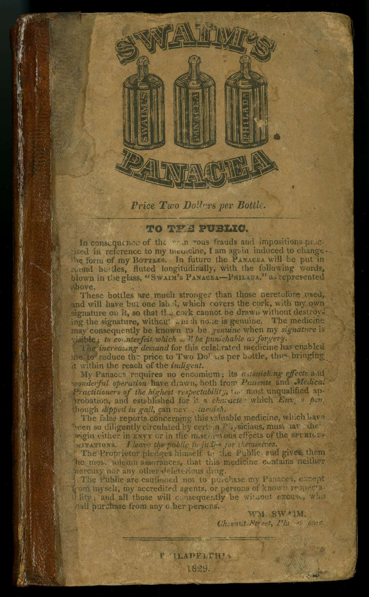 Swaim, Wm. (William). Cases of cures performed by the use of Swaim’s panacea. Philadelphia : [s.n.], 1829.