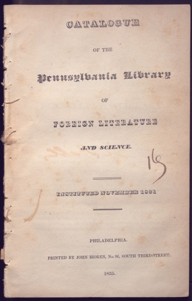 Photograph of title page of catalog from Pennsylvania Library of Foreign Literature and Science