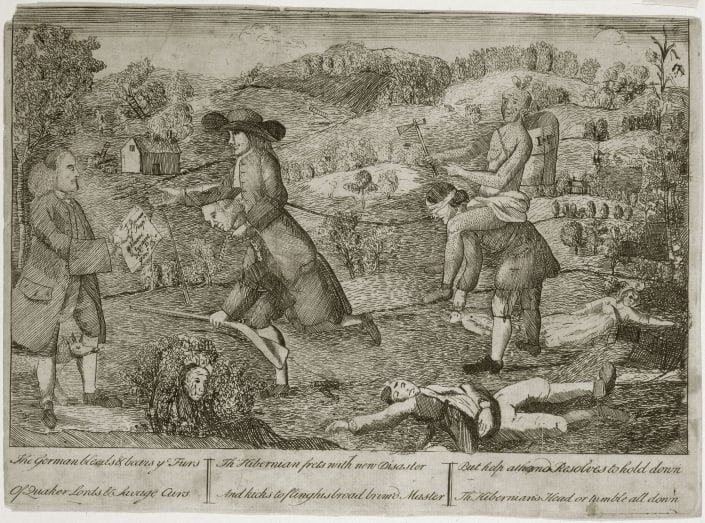 cartoon-1764-ger-66984-o-9 Claypoole, James. The German Bleeds & Bears ye Furs Of Quaker Lords & Savage Curs ... (Philadelphia, 1764).