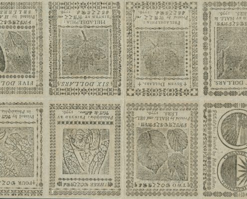 Undivided sheet of Continental Currency, printed on blue paper for use as a counterfeit detector (Philadelphia: Printed by Hall and Sellers, 1776).