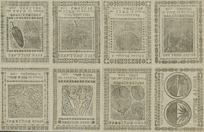 ch03-11-Am1775Con-5815-F-Money Undivided sheet of Continental Currency, printed on blue paper for use as a counterfeit detector (Philadelphia: Printed by Hall and Sellers, 1776).