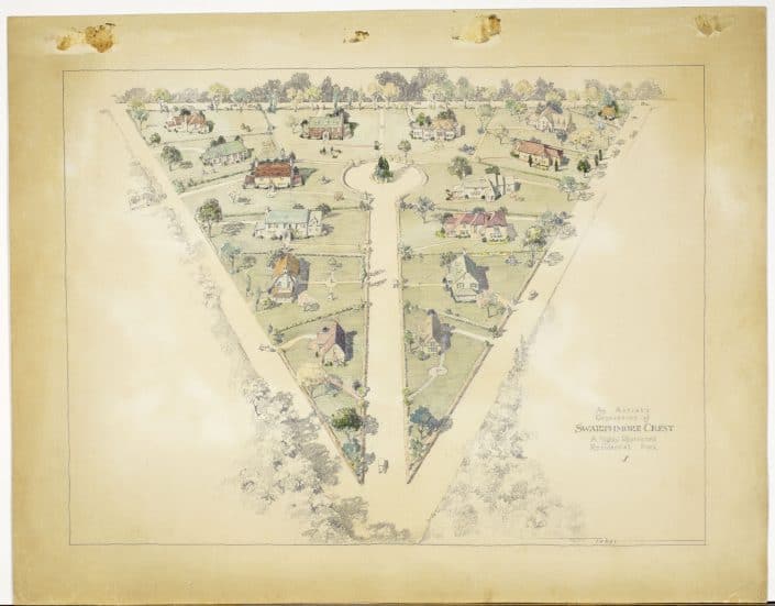 doret-mitchell-p-2017-15-16 Donald C. Taber, An Artist's Conception of Swarthmore Crest. A Highly Restricted Residential Park, ca. 1930. Pencil and watercolor.
