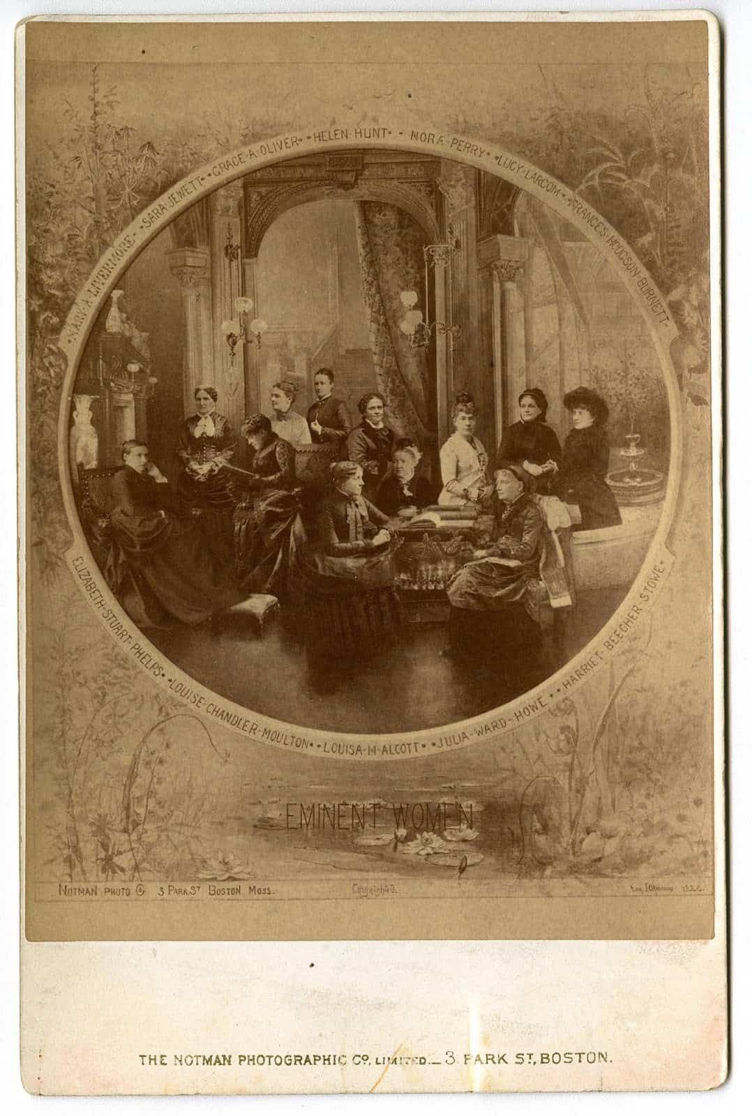 A manipulated photograph depicting twelve women writers seated together. "Eminent Women," P.2016.73
