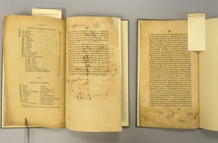 Book on left, with errant leaf in place: Female Association of Philadelphia for the Relief of Women and Children in Reduced Circumstances. The constitution of the Female Association of Philadelphia for the Relief of Women and Children in Reduced Circumstances. Philadelphia : Printed by Jane Aitken, 1803. Book on right, with last leaf missing: Van Pelt, Peter I.,1778-1861. The goodness of God to be praised by men … : a discourse delivered on the fourth of July, in the North Brick Church / New-York : Printed by Pelsue and Gould, 1812. Book on left, with errant leaf in place: Female Association of Philadelphia for the Relief of Women and Children in Reduced Circumstances. The constitution of the Female Association of Philadelphia for the Relief of Women and Children in Reduced Circumstances. Philadelphia : Printed by Jane Aitken, 1803. Book on right, with last leaf missing: Van Pelt, Peter I.,1778-1861. The goodness of God to be praised by men ... : a discourse delivered on the fourth of July, in the North Brick Church / New-York : Printed by Pelsue and Gould, 1812.