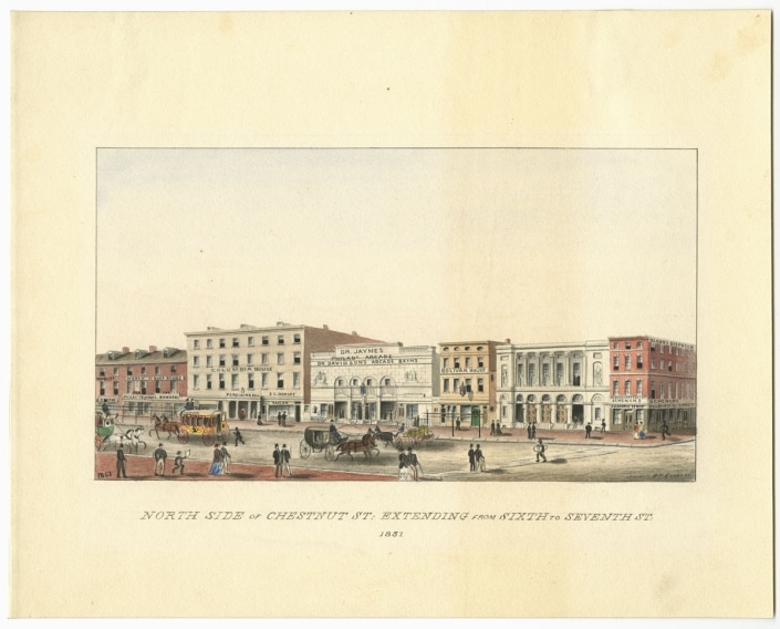 Benjamin Ridgway Evans, North Side of Chestnut St., Extending from Sixth to Seventh St., 1851 (Philadelphia, ca. 1880). Watercolor.