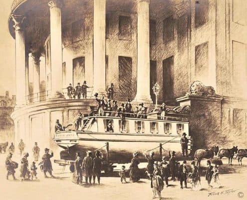 This image drawn by Frank H. Taylor shows a canal boat packed with passengers upon a horse-drawn railcar that was making its way through Philadelphia to points west. The scene was at Dock Street, by the Merchant’s Exchange Building.