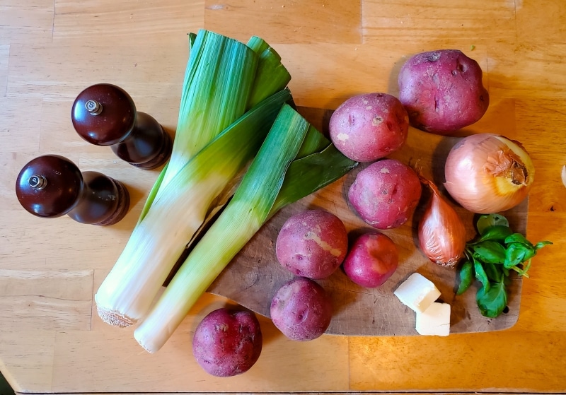 Ingredients for leek soup from William Woy Weaver's The Larder Invaded.
