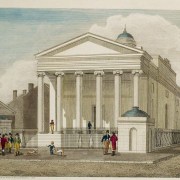 Detail from William Russell Birch’s hand-colored engraving, “Bank of Pennsylvania, South Second Street Philadelphia, Designed & Published by W. Birch Enamel Painter 1804” at the Library Company of Philadelphia.