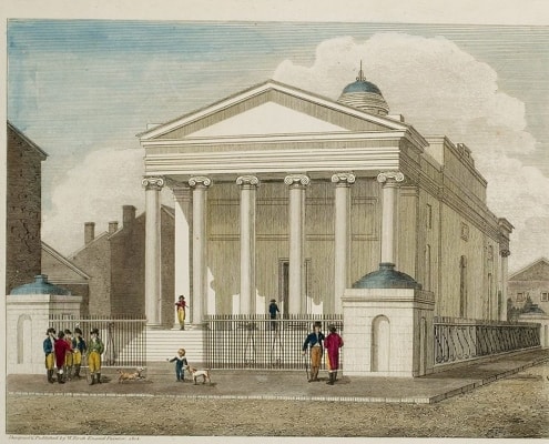 Detail from William Russell Birch’s hand-colored engraving, “Bank of Pennsylvania, South Second Street Philadelphia, Designed & Published by W. Birch Enamel Painter 1804” at the Library Company of Philadelphia.