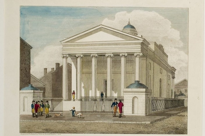 Detail from William Russell Birch’s hand-colored engraving, “Bank of Pennsylvania, South Second Street Philadelphia, Designed & Published by W. Birch Enamel Painter 1804” at the Library Company of Philadelphia. Detail from William Russell Birch’s hand-colored engraving, “Bank of Pennsylvania, South Second Street Philadelphia, Designed & Published by W. Birch Enamel Painter 1804” at the Library Company of Philadelphia.