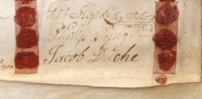 Photograph of signature of Jacob Duche on 1731 document