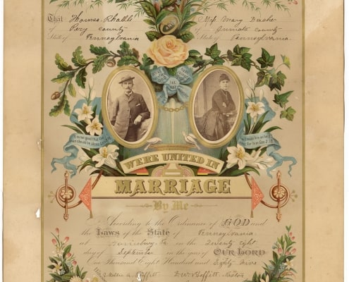 Printed in color and selling for a dollar wholesale, the “orange blossom” certificate was the preference of the about twenty-five-year-old Thomas Radle (b. 1861) and teen-aged Mary Dasher (b. ca. 1867-1894). Containing their portrait photographs, the certificate documents that D.W. Proffitt (1841-1913) of the United Memorial Brethren Church married the couple in September 1885 in Pittsburgh. Thomas appears in a suit, derby hat, and with a cigarette in his mouth. Mary wears a long-sleeve, dark-colored dress with a bustle. Although used in a marriage certificate, and especially given Radle’s pose, the photographs, as with the previous couple, were probably ones the couple already possessed. They had not acquired them for the occasion, although possibly for the certificate. A genealogical record, the certificate’s content also provides a trail of evidence for more concrete information about the couple. Mary, likely a domestic servant before her marriage, passed away in 1894. As traced in census and marriage documents, Thomas, a railroad laborer, then farmer, later marries her sister Clara Dasher (1872-1960). He is listed as widowed and she as his housekeeper in the 1900 census. By the summer of 1900, a Pennsylvania marriage license has been issued to the couple. And in the 1910 census, Clara is described as Thomas’s wife. Weddings are history-making events for the couple married. In the modern era, they can also be history making in terms of cost. The Crider & Brother prints and ephemera are humble, yet symbolic artifacts of wedding commercialization. They are captivating mementoes of wedding practices of the past, while also perspicacious harbingers of wedding practices of today. Erika Piola Associate Curator, Prints and Photographs and Director, Visual Culture Program Sources: Ancestry.com accessed April 16 and 17, 2018. Crider & Brother, Publishers and Proprietors of the Original Photograph Marriage Certificates, York, Pa. (York, Pa., 1884). George Reeser Prowell, History of York County, Pennsylvania (Chicago: J. H. Beers, 1907), vol. 2, 497-498.
