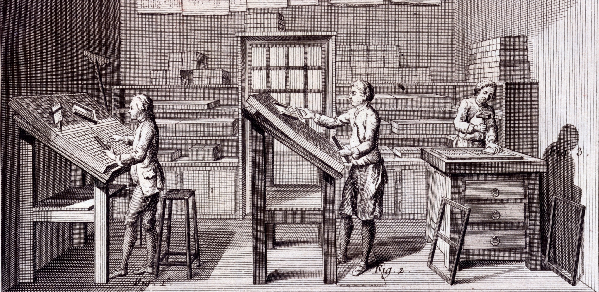 Illustration of three people setting type before printing