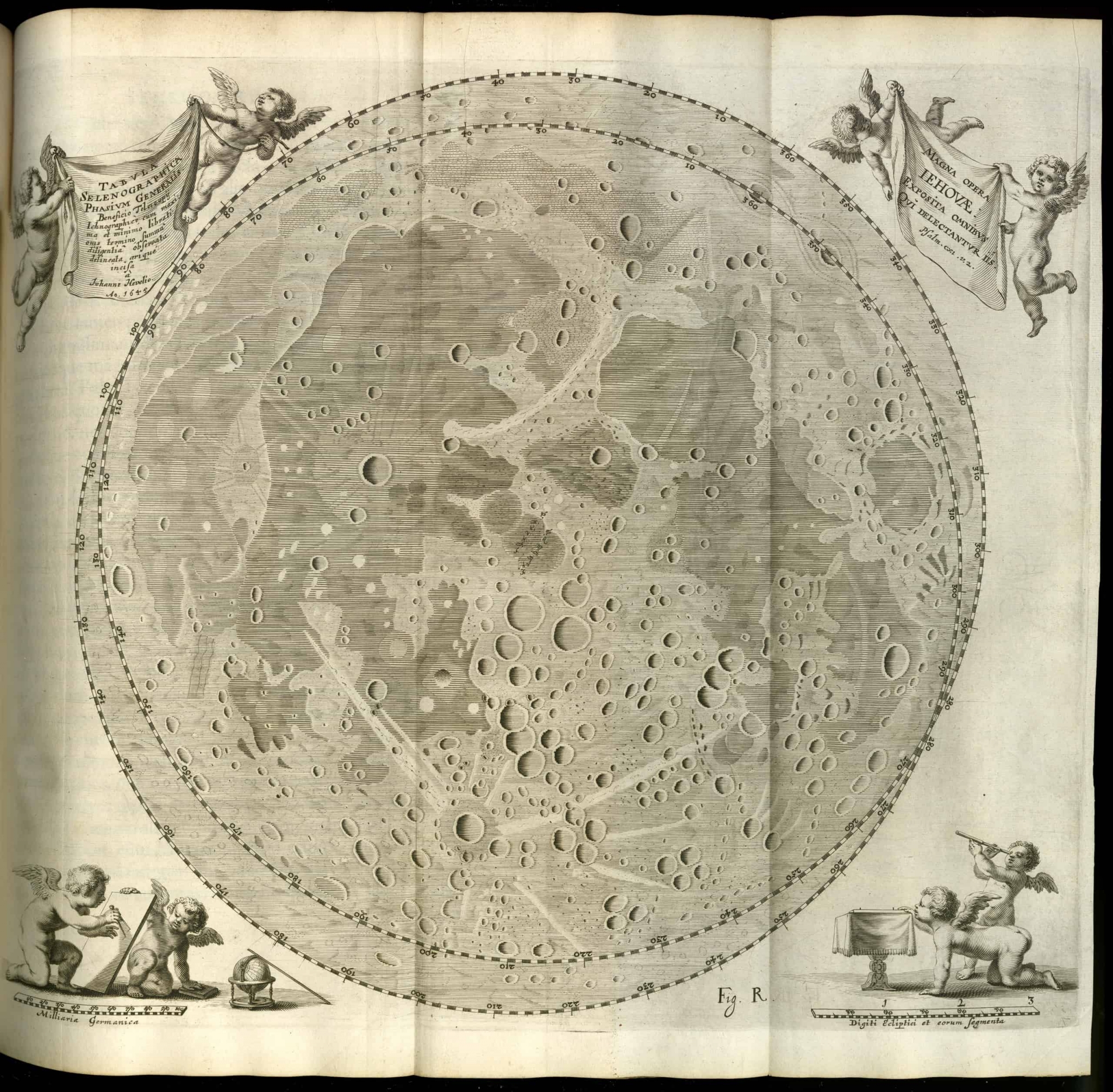 Fold out map of the moon from Johann Hevelius, Selenographia
