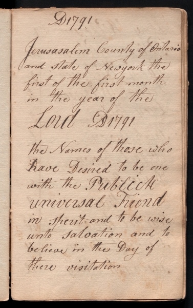 Photograph of first page of Society of Universal Friends member list from 1791