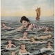 Postcard image of smiling woman swimming in waterway filled with babies