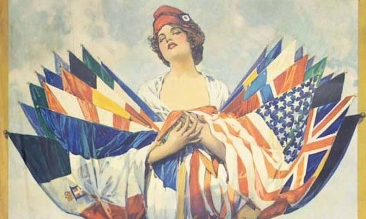Partial image of woman holding flags from Sesquicentennial poster