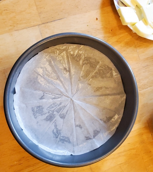 Greased cake pan with parchment paper