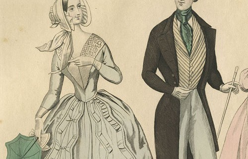 Detail from fashion plate, Graham’s Magazine, July 1842. Right, Anton Hohenstein. Franklin’s Reception at the Court of France, 1778. Philadelphia: John Smith, ca. 1869. Lithograph.