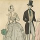 Detail from fashion plate, Graham’s Magazine, July 1842. Right, Anton Hohenstein. Franklin’s Reception at the Court of France, 1778. Philadelphia: John Smith, ca. 1869. Lithograph.