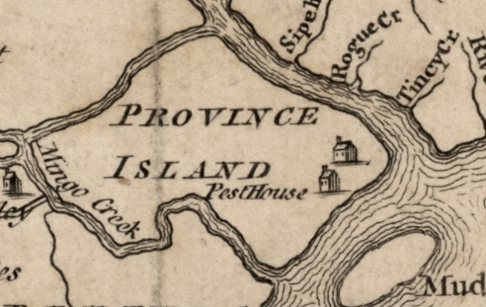 Detail of the pest house on Province Island from A map of Philadelphia and parts adjacent, from Gentleman’s Magazine, vol. 23, 1753 p. 373. Detail of the pest house on Province Island from A map of Philadelphia and parts adjacent, from Gentleman's Magazine, vol. 23, 1753 p. 373.