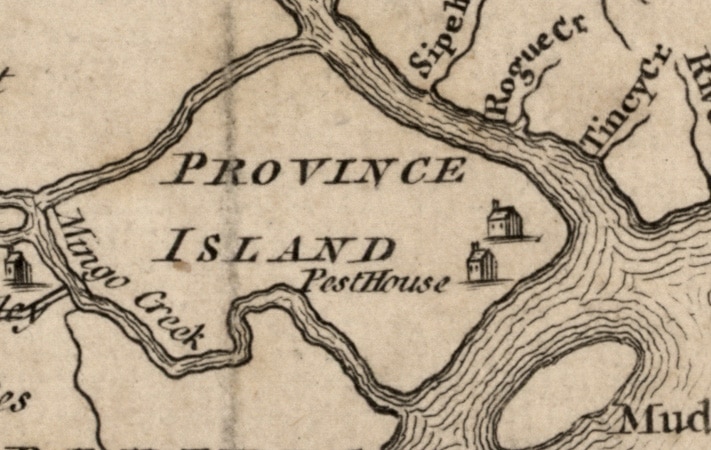 Detail of the pest house on Province Island from A map of Philadelphia and parts adjacent, from Gentleman's Magazine, vol. 23, 1753 p. 373.
