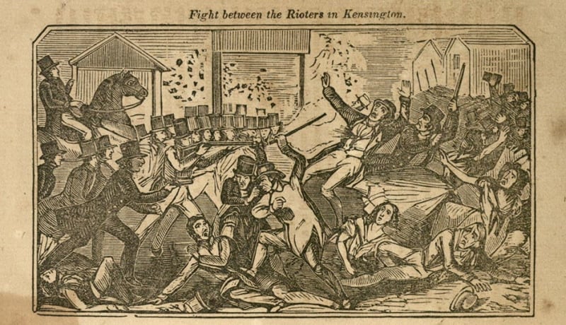 Fight between the Rioters in Kensington, woocut in John B. Perry, A Full and Complete Account of the Late Awful Riots in Philadelphia (Philadelphia, 1844).