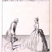 Black and white engraving depicting a man and woman dancing in formal dress. Kellom Tomlinson, The Art of Dancing Explained by Reading and Figures. (London: Printed for the author, 1735). Engraving.