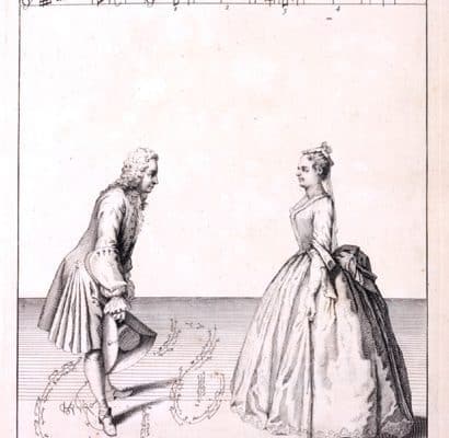 Black and white engraving depicting a man and woman dancing in formal dress. Kellom Tomlinson, The Art of Dancing Explained by Reading and Figures. (London: Printed for the author, 1735). Engraving.