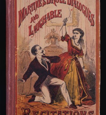 Book cover depicting a women holding a knife over a man. Arthur Martine, Martine's Droll Dialogues and Laughable Recitations (New York: Dick & Fitzgerald, 1870?). Cover illustration.