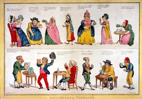 Etching and watercolor depicting satirical scenes of people drinking alcohol, 1804. William Charles, sculp. and G.M. Woodward, del., Apologies for Tippling (London, ca. 1804). Etching and watercolor.