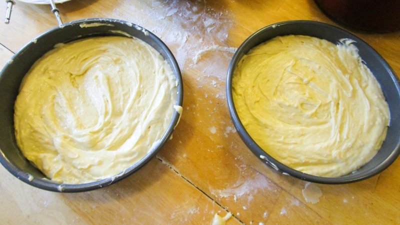 Batter in cake pans ready to bake